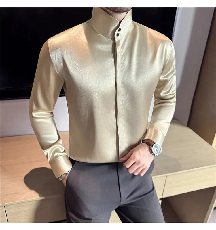 New Chinese Style Men's Long-sleeved Stand - Up Collar Satin Shirt