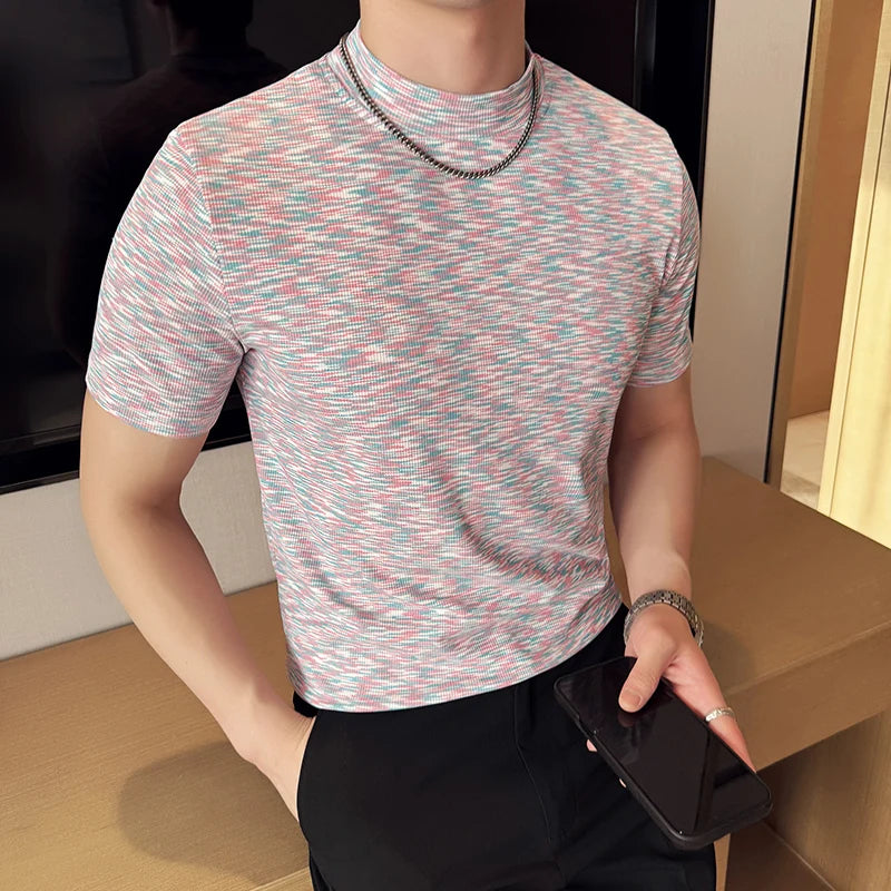 Camouflage T-shirt Men's Summer Half High Collar Slim Fit Short Sleeved Fashion