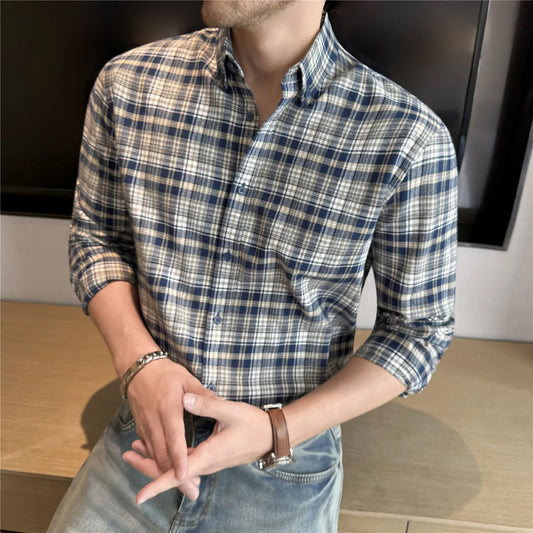 Men's 100% Cotton Brushed Plaid Long-Sleeve Shirt  Thickened Warm Shirt for Autumn and Winter