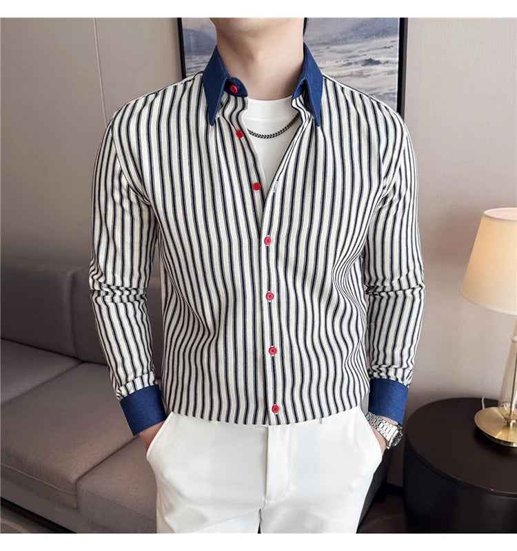 Men High-quality Long Sleeved Striped Shirts