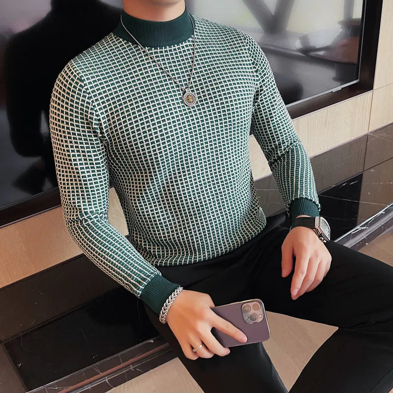 Alluring Half High Collar Checkered Knit Sweater  for Men