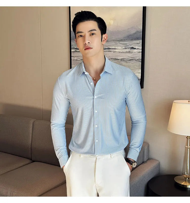 Elegant  striped long-sleeved men's slim fit business shirt