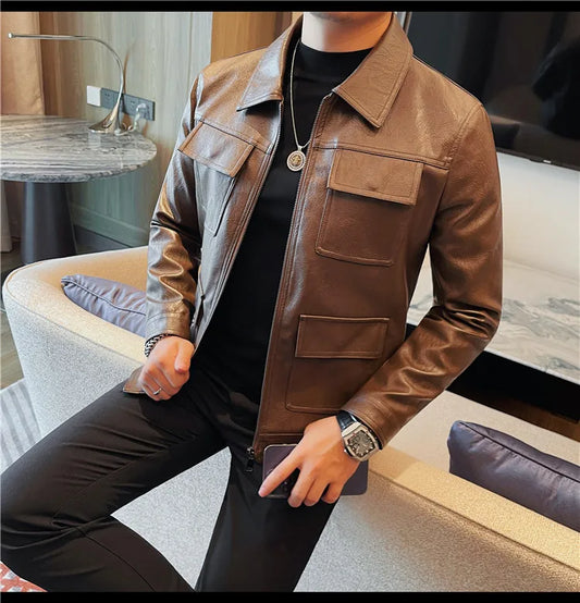 Men Fashion Lapel streetwear  Jacket Casual Business leather coats