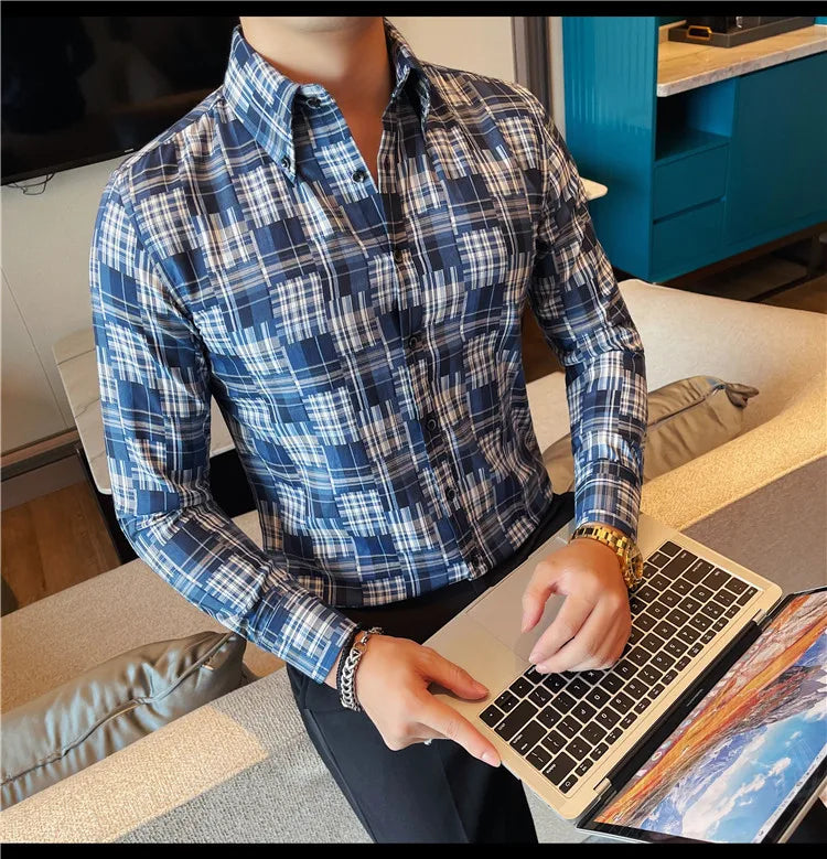 Men's Slim Fit Long-Sleeved Elastic Retro Shirt