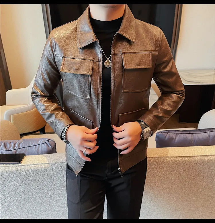 Men Fashion Lapel streetwear  Jacket Casual Business leather coats
