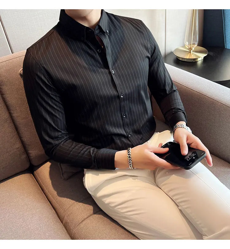 British Style Striped  Men' s Long Sleeve  Shirt