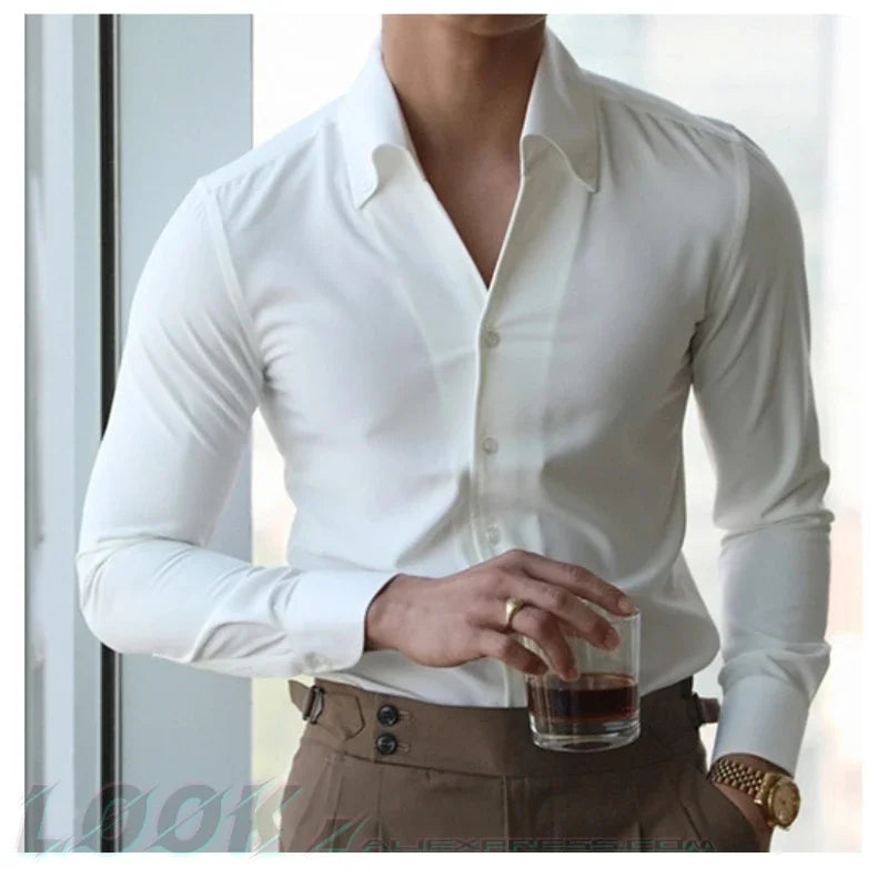 Men's Italian Collar Shirt, Wrinkle-free, Fashionable, Slim-fit
