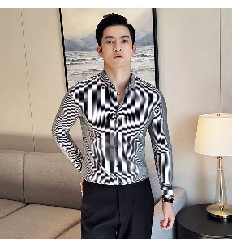 Elegant  striped long-sleeved men's slim fit business shirt
