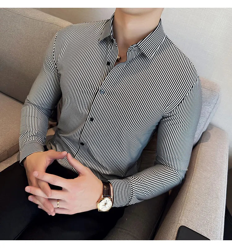 Elegant  striped long-sleeved men's slim fit business shirt