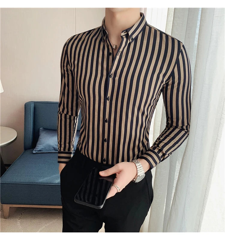 Alluring Korean Luxury Long Sleeve Striped Shirts For Men Slim Fit