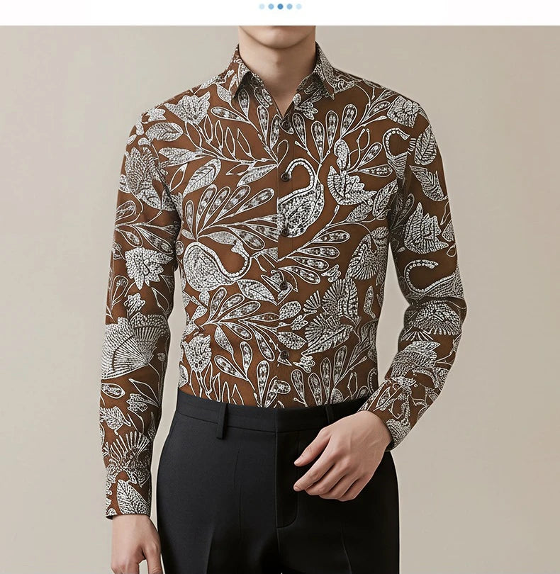 Men's Retro  Black & White Paisley Pattern  Long Sleeve Shirt