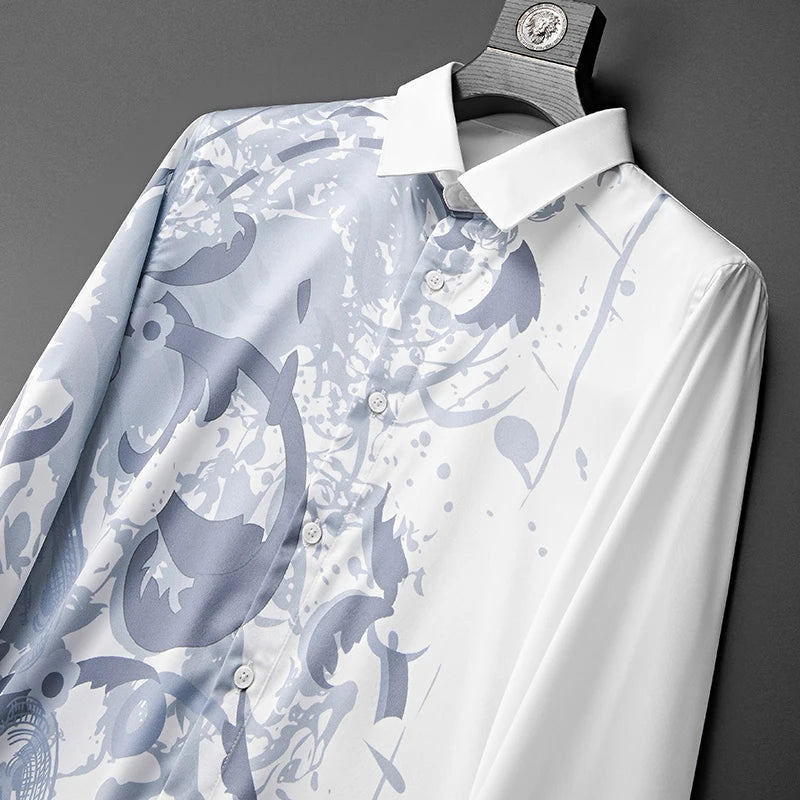 Men's Luxury  Printed  Long Sleeve Silk  Shirt