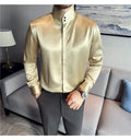New Chinese Style Men's Long-sleeved Stand - Up Collar Satin Shirt  Luxury Men's Dress Shirt with Stand-up Collar Design