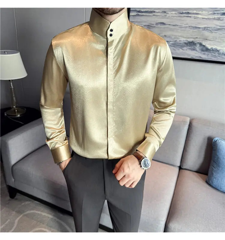 New Chinese Style Men's Long-sleeved Stand - Up Collar Satin Shirt  Luxury Men's Dress Shirt with Stand-up Collar Design