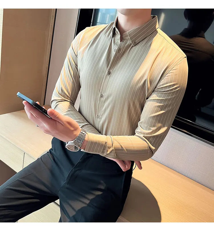British Style Striped  Men' s Long Sleeve  Shirt