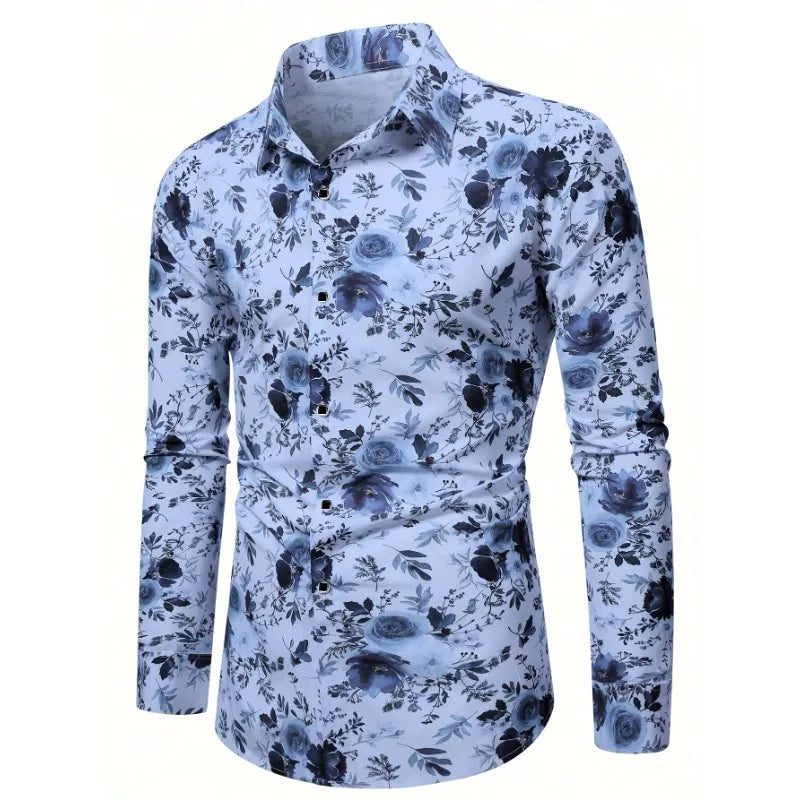 Men Hawaiian  Floral Printed Long Sleeve  Elastic Male Shirt