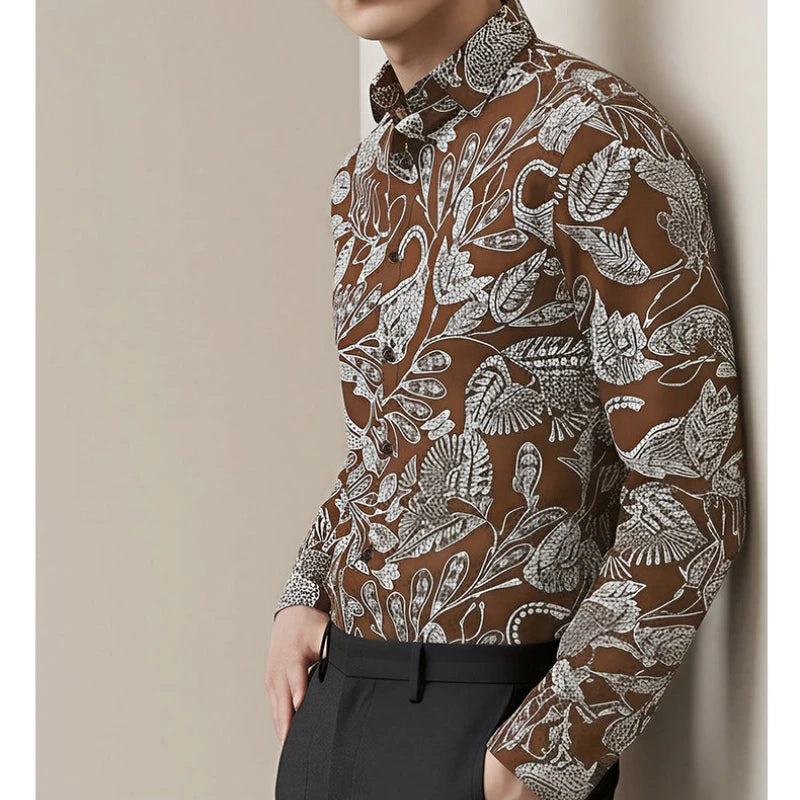 Men's Retro  Black & White Paisley Pattern  Long Sleeve Shirt