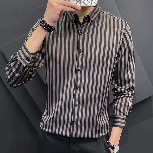 Alluring Korean Luxury Long Sleeve Striped Shirts For Men Slim Fit
