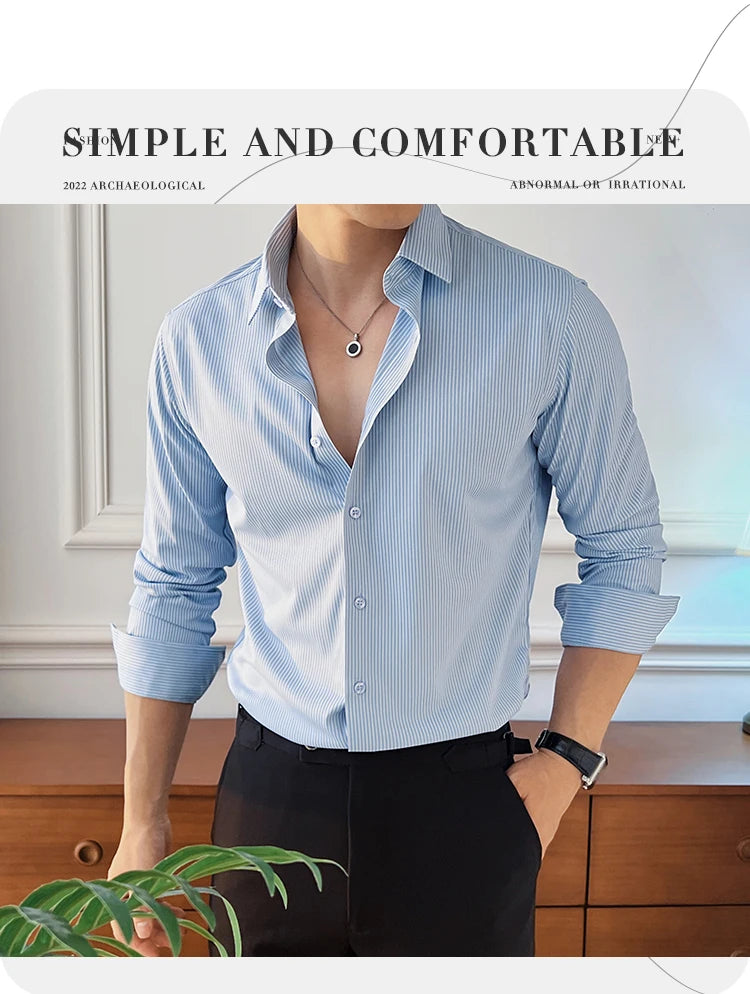 Stretch Slim Fit Men's Business Casual Shirt with Silk & Striped Design