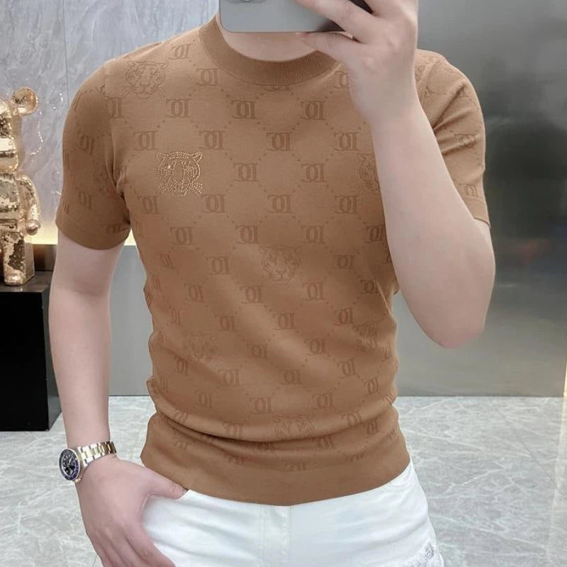 Men Jacquard Knitted Short Sleeve Casual T-shirts