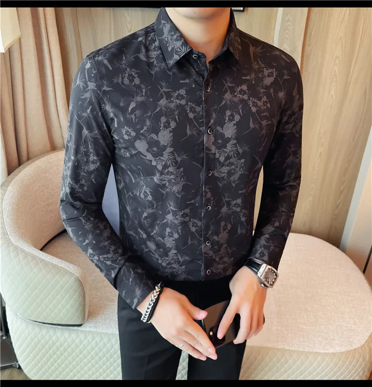 Men's Long-Sleeved  Floral Shirt with Elegant Pattern Design. Slim Fit for Casual & Business Occasions