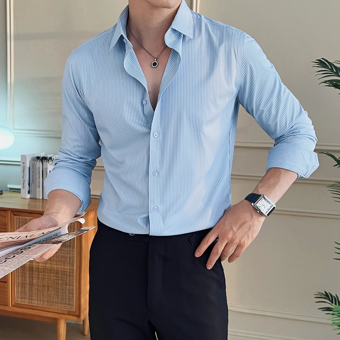 Stretch Slim Fit Men's Business Casual Shirt with Silk & Striped Design