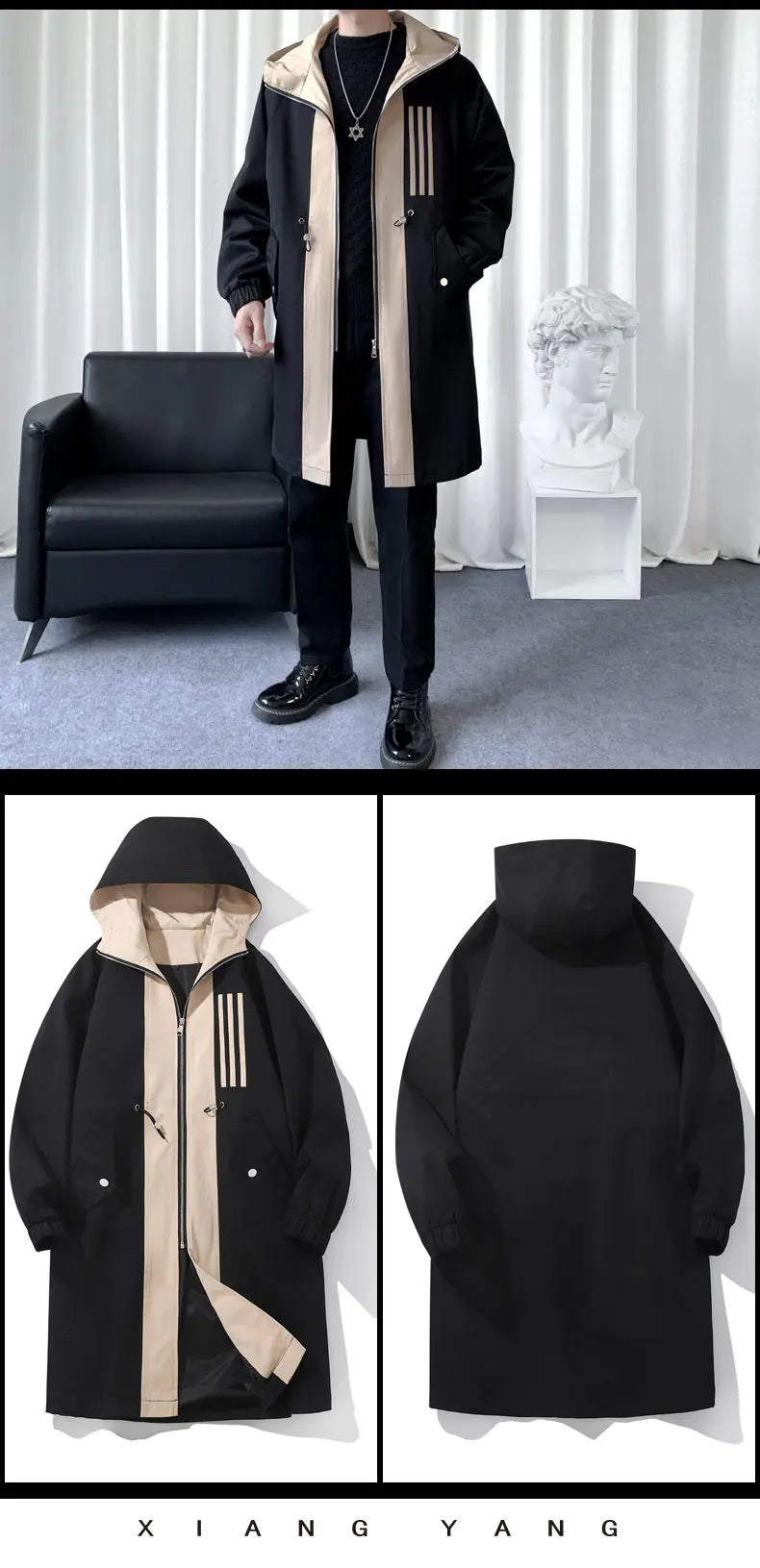 Fashionable Men's overcoat, high-quality hooded jacket, windproof, warm,