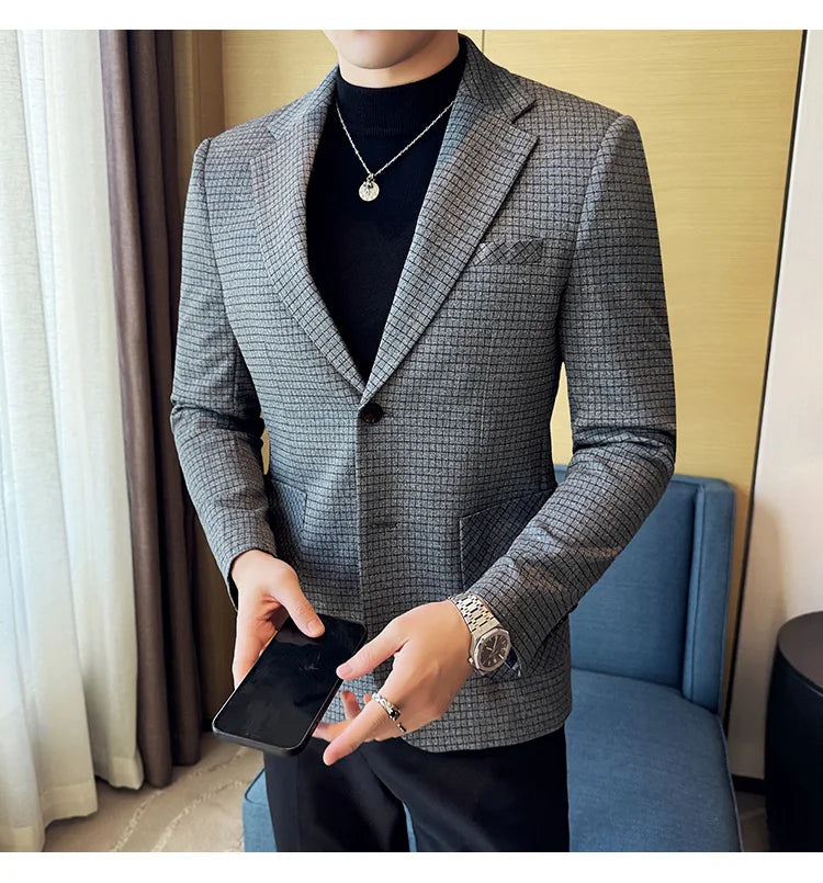 Autumn Winter Simple Plaid  Blazer  For Men Slim Fit . It can worn for Business Events and  wedding functions.