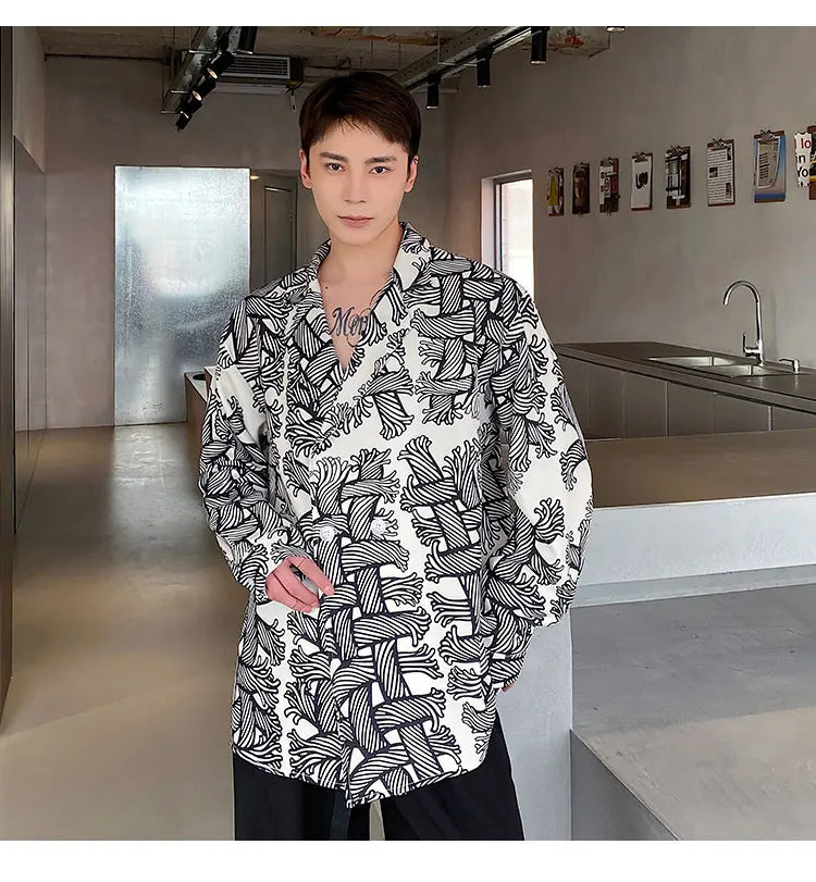 Trendy Design Printed Retro Suit Collar Shirt for  Men.