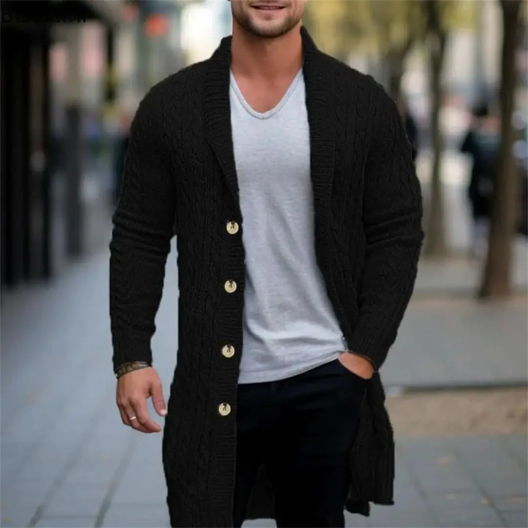American European Fashion Men's  Trendy Long Sleeve Turn-down Collar Loose Knitted Knee Length Sweater Coat