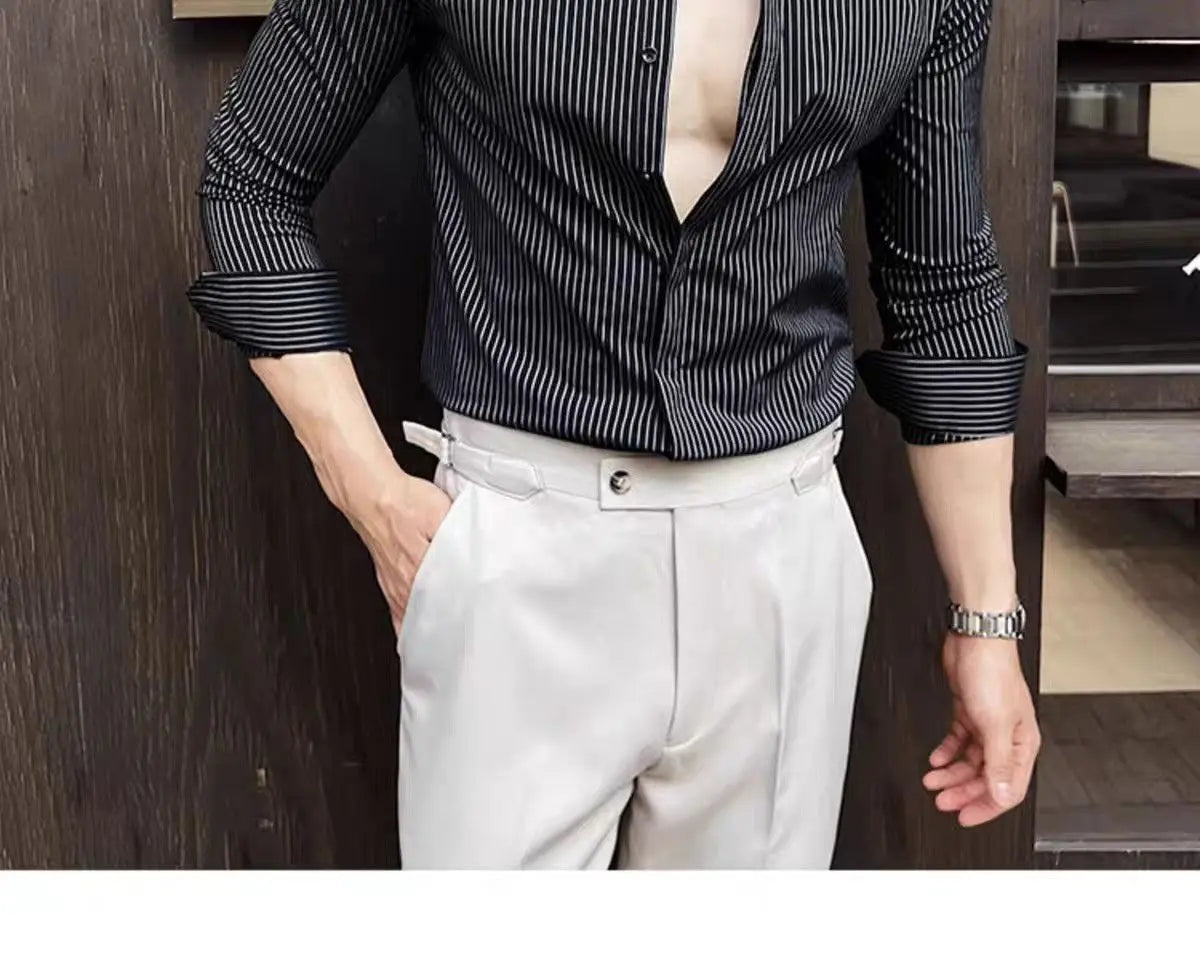 Men Striped Shirt Business Slim Fit Casual Non Iron Long Sleeve