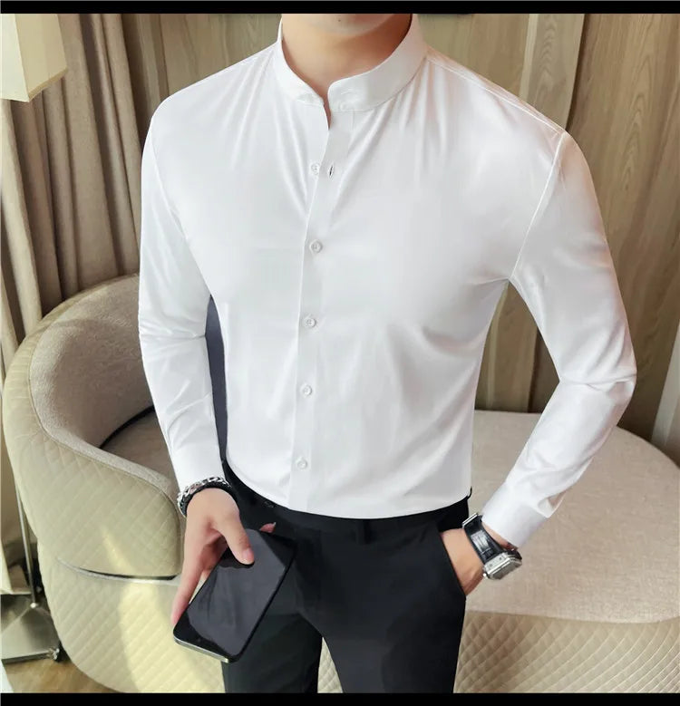 Men's Seamless Stand Up Collar Shirt  Solid Color Long Sleeved Shirt for Office