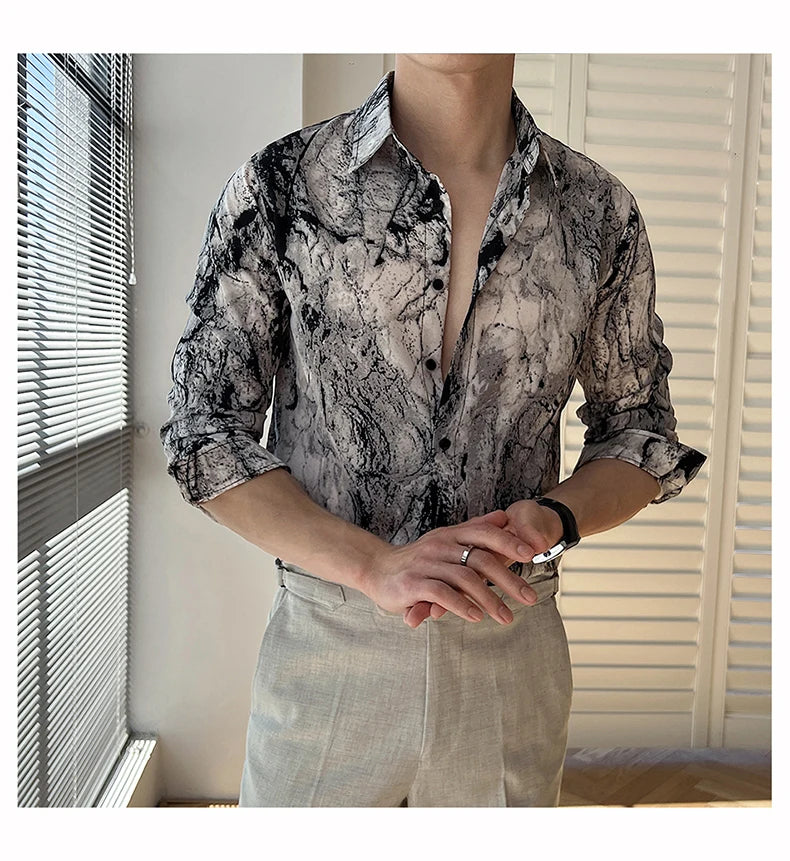 Men Draped Floral Contrast Shirt  Wrinkle-Resistant Flow   Casual Elegance