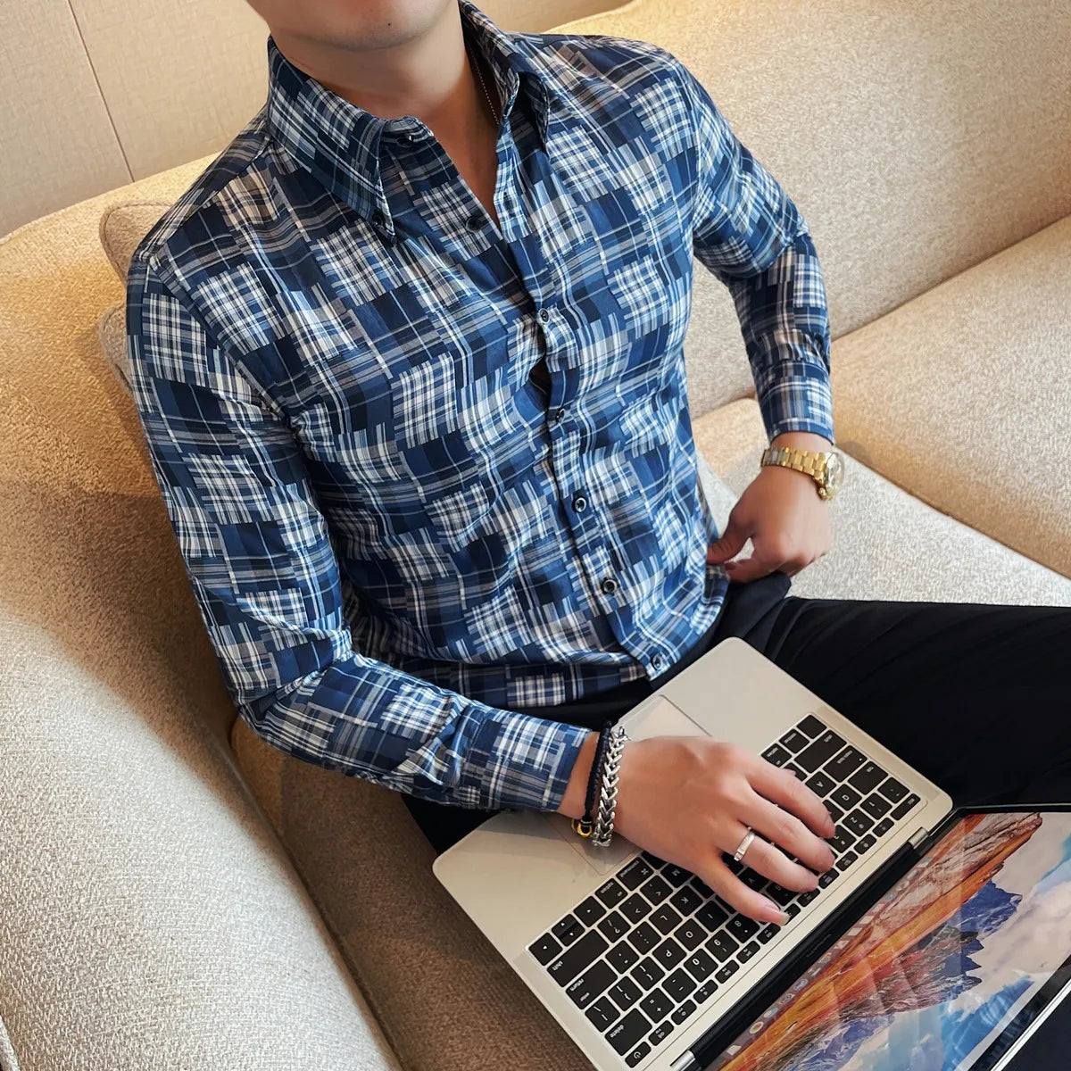 Men's Slim Fit Long-Sleeved Elastic Retro Shirt