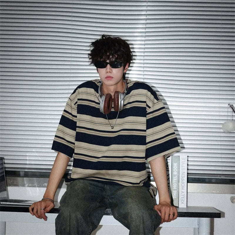 Marvelous  Men's Striped  Short Sleeve O-neck Loose  T-shirt