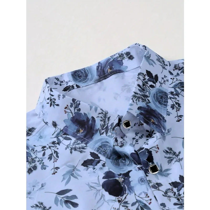 Men Hawaiian  Floral Printed Long Sleeve  Elastic Male Shirt