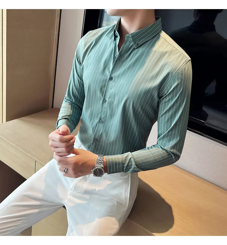 British Style Striped  Men' s Long Sleeve  Shirt