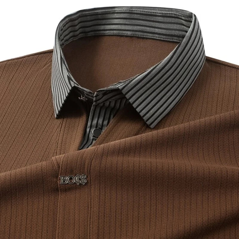 Men's Winter Long Sleeve Top Knit Sweater with Woven Shirt Collar