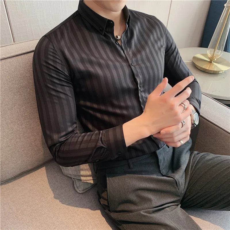 Alluring Korean Luxury Long Sleeve Striped Shirts For Men Slim Fit
