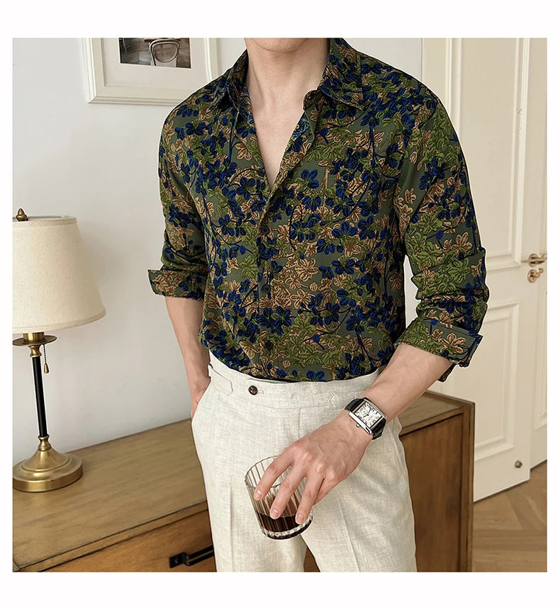 Men Draped Floral Contrast Shirt  Wrinkle-Resistant Flow   Casual Elegance