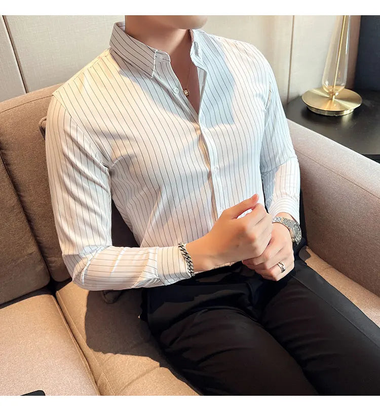 British Style Striped  Men' s Long Sleeve  Shirt