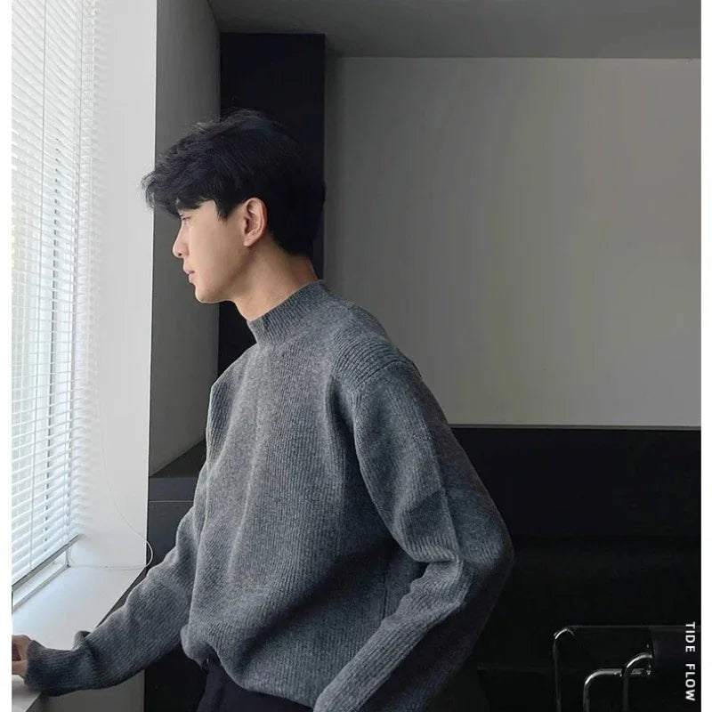 Half-high Collar Solid Color Men's Dark Pattern Sweater
