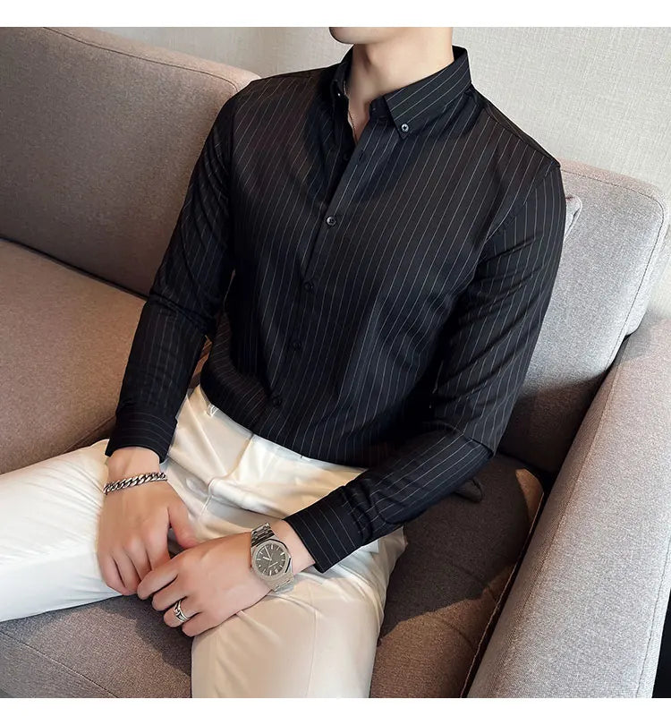 British Style Striped  Men' s Long Sleeve  Shirt
