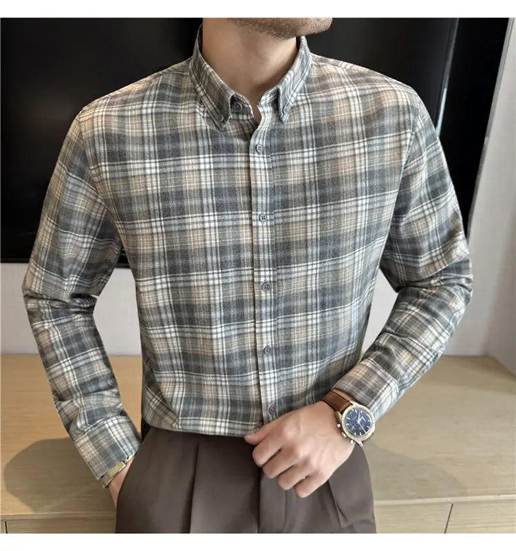 Men's 100% Cotton Brushed Plaid Long-Sleeve Shirt