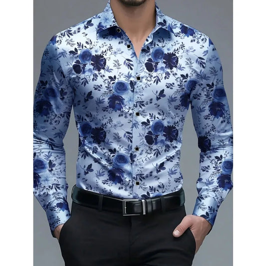 Men Hawaiian  Floral Printed Long Sleeve  Elastic Male Shirt