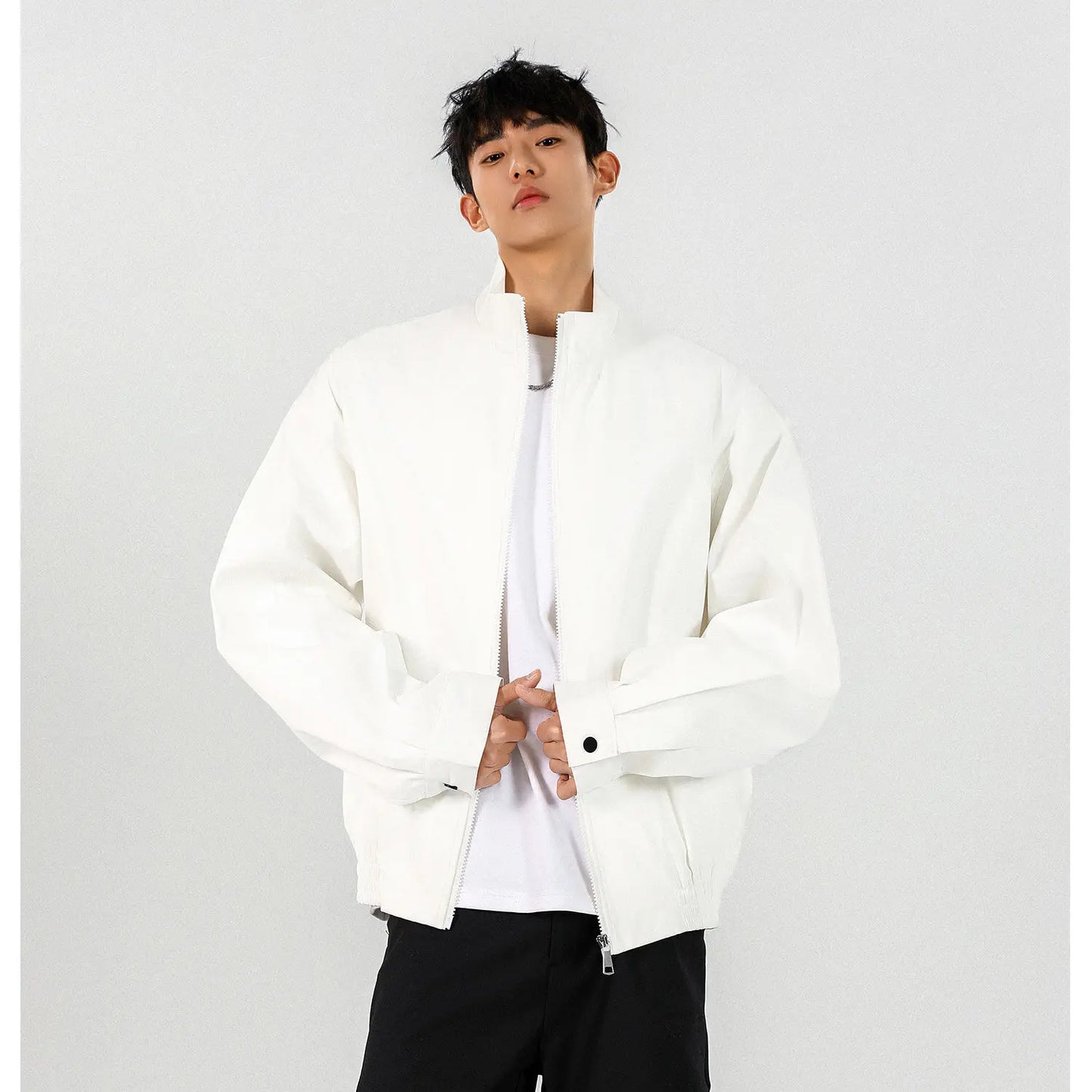 New Men's Solid Color Zip-up Stand Collar Loose Casual Jacket