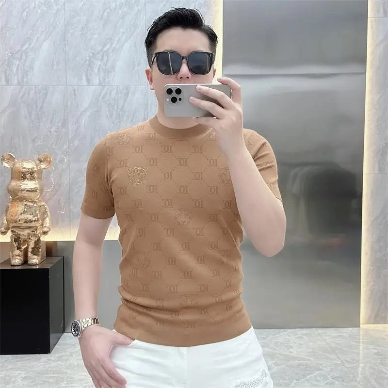 Men Jacquard Knitted Short Sleeve Casual T-shirts