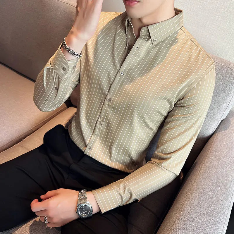British Style Striped  Men' s Long Sleeve  Shirt