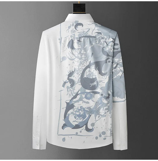 Men's Luxury  Printed  Long Sleeve Silk  Shirt