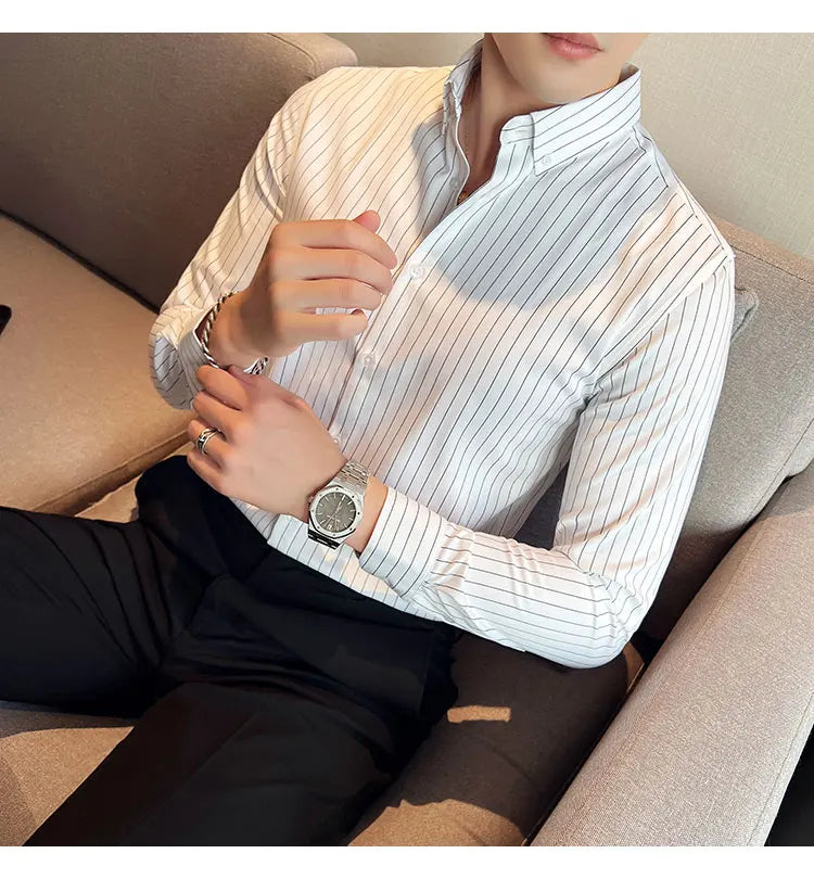 British Style Striped  Men' s Long Sleeve  Shirt